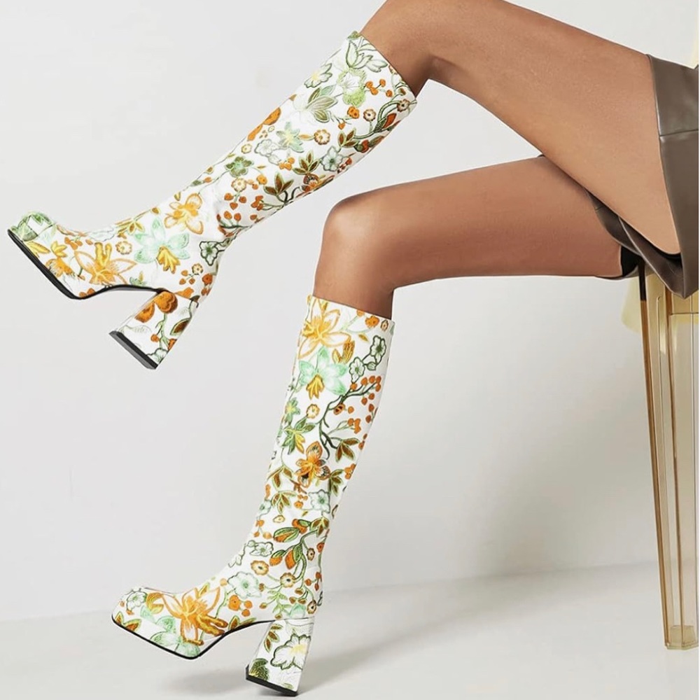 Platform Chunky Heel Tall Boots size 8 floral